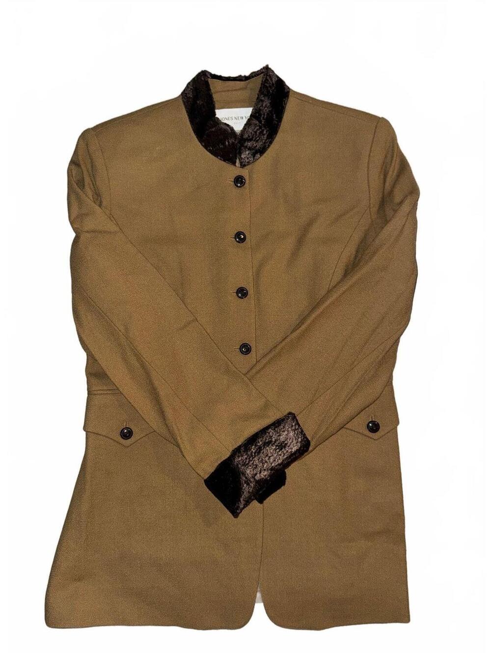 Vintage Jones New York Women's Tan Blazer Jacket with Faux Fur Trim Size 14